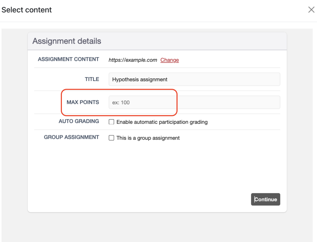 Dialog box showing different fields with the Max Points field encircled in red.